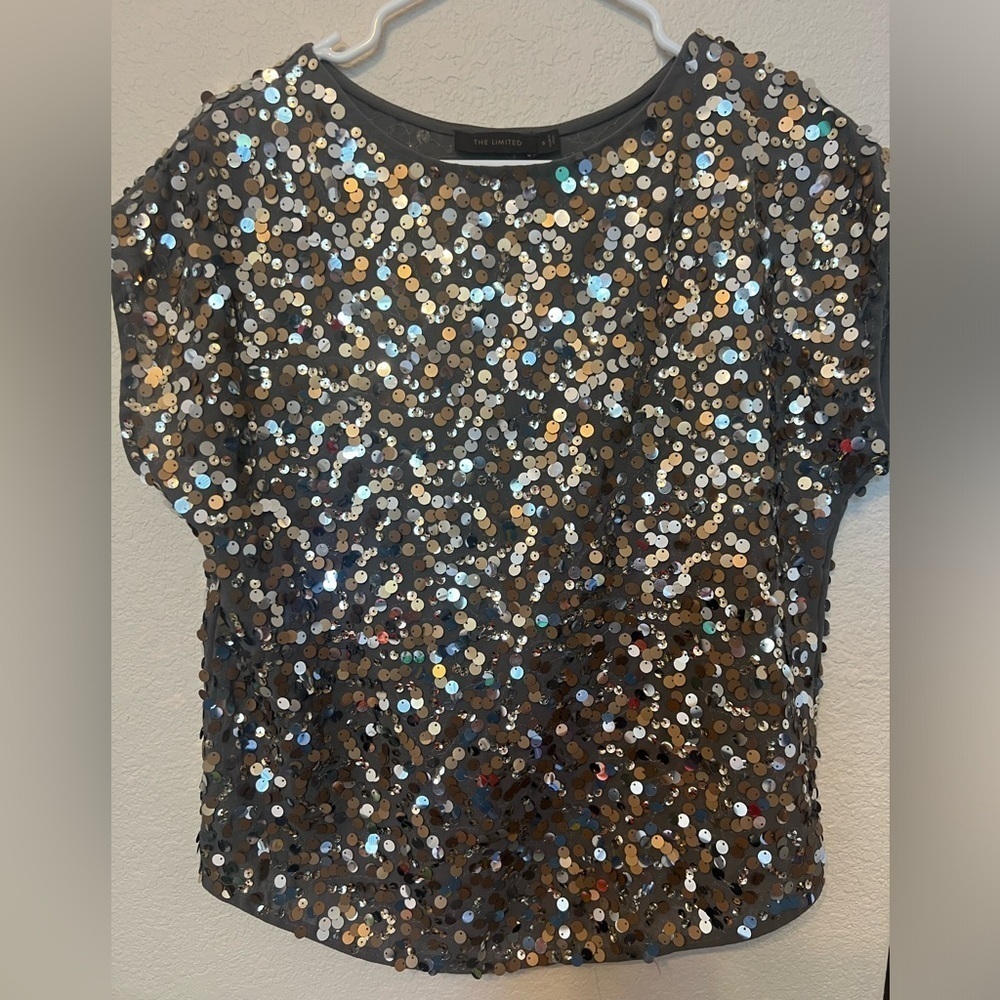 SMALL THE LIMITED Olive Green Blouse Top Gold Silver Sequins Sleveless Relaxed - Picture 15 of 16